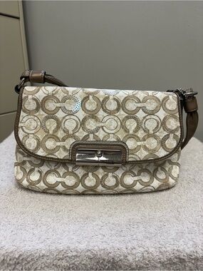 Coach Kristin Op Art Mushroom Taupe Signature Sequin Pouch